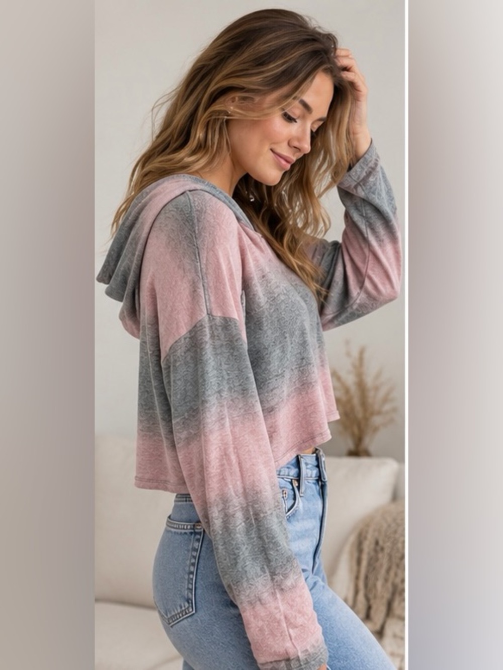 En Creme Pink & Gray Striped Hooded V-Neck Pullover NWT - Picture 2 of 8